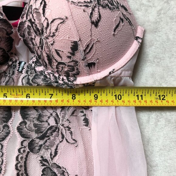 La Senza Light Pink Mesh & Black Lace Sheer Baby Doll Size Medium - Picture 8 of 10